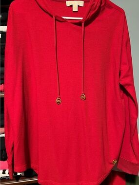 Michael Kors Red Hooded Waffle-Knit Top with Gold MK Accents